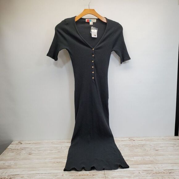 Free People Dresses & Skirts - Free People FP Beach‎ Lulu Henley Dress Medium Maxi Black Ribbed V-neck Rib Knit